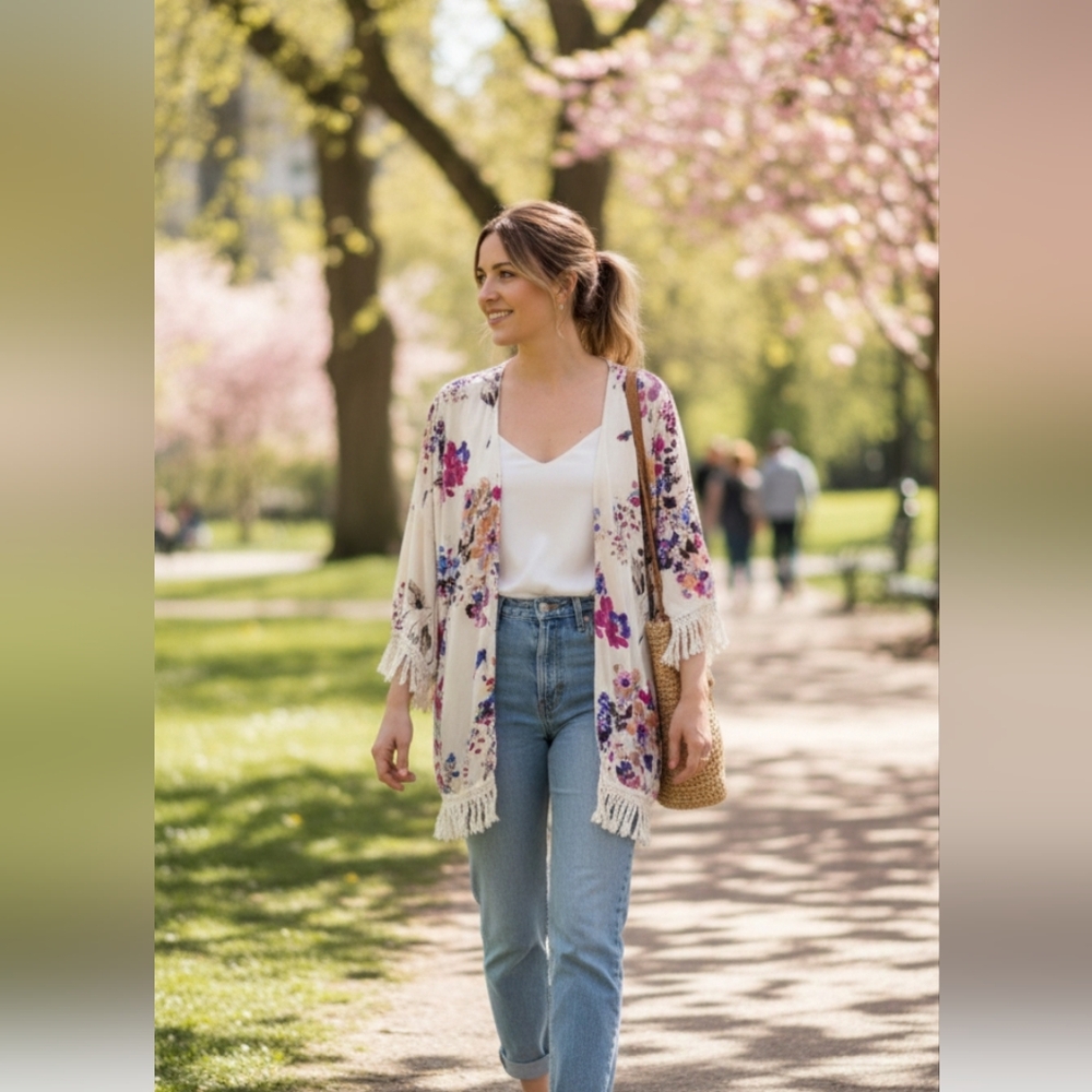 UMGEE Medium‎ Waterfall Cardigan Women Medium Multicolor Floral Open Front Boho